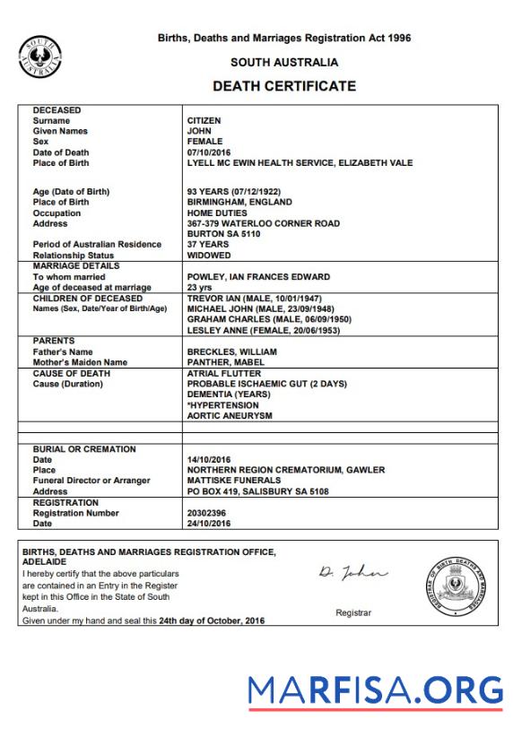 Blank Australia South Australia death certificate template in Word format